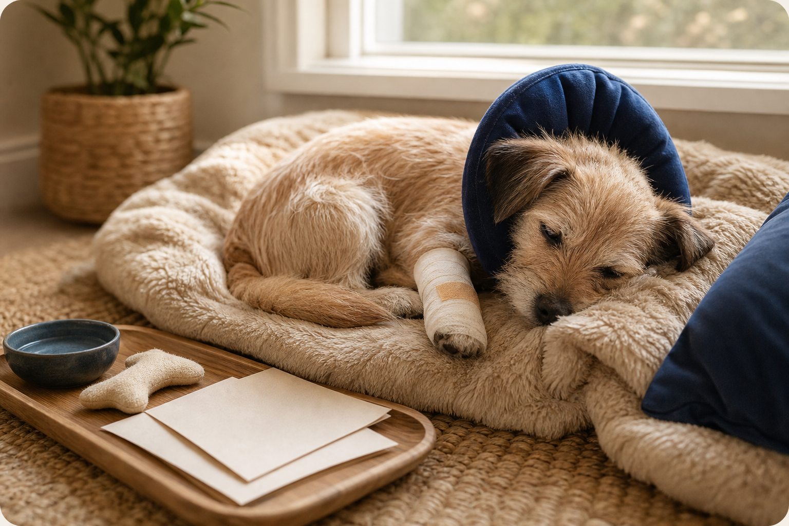 Hond rust rustig uit met een zachte kraag na de behandeling