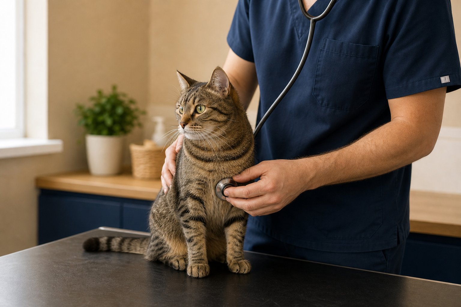 Kat wordt onderzocht met een stethoscoop tijdens de consultatie