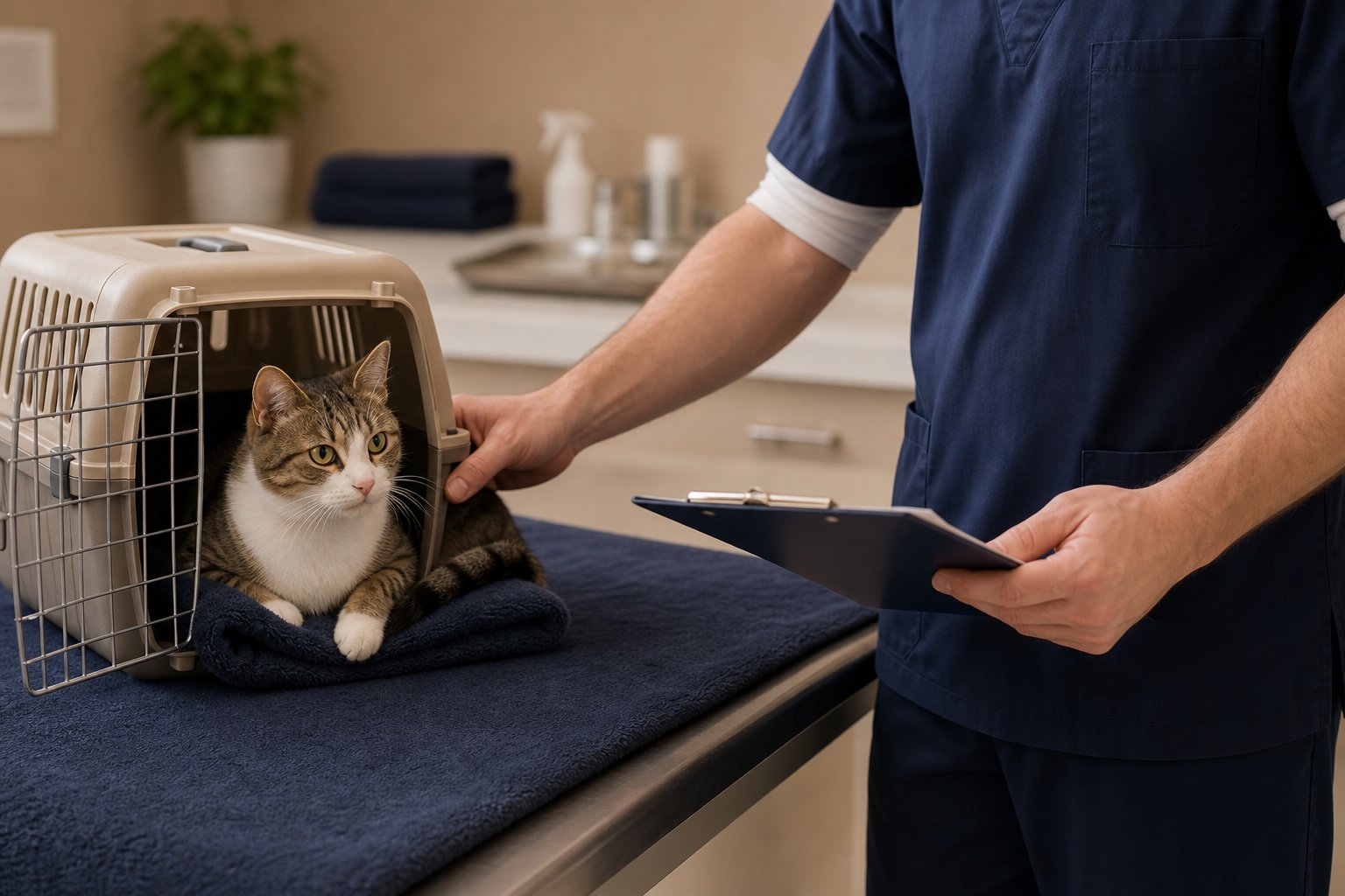 Kat in een reismand bij de dierenarts voor een ingreep