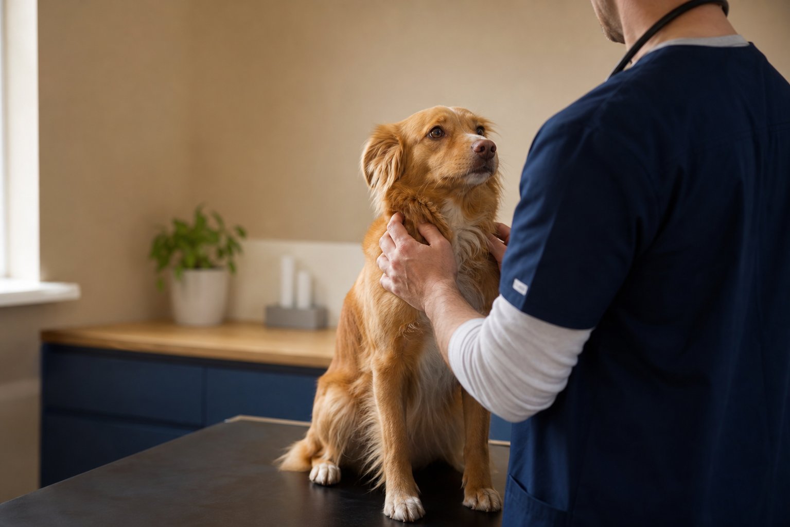 Dierenarts onderzoekt rustig een hond op de onderzoekstafel